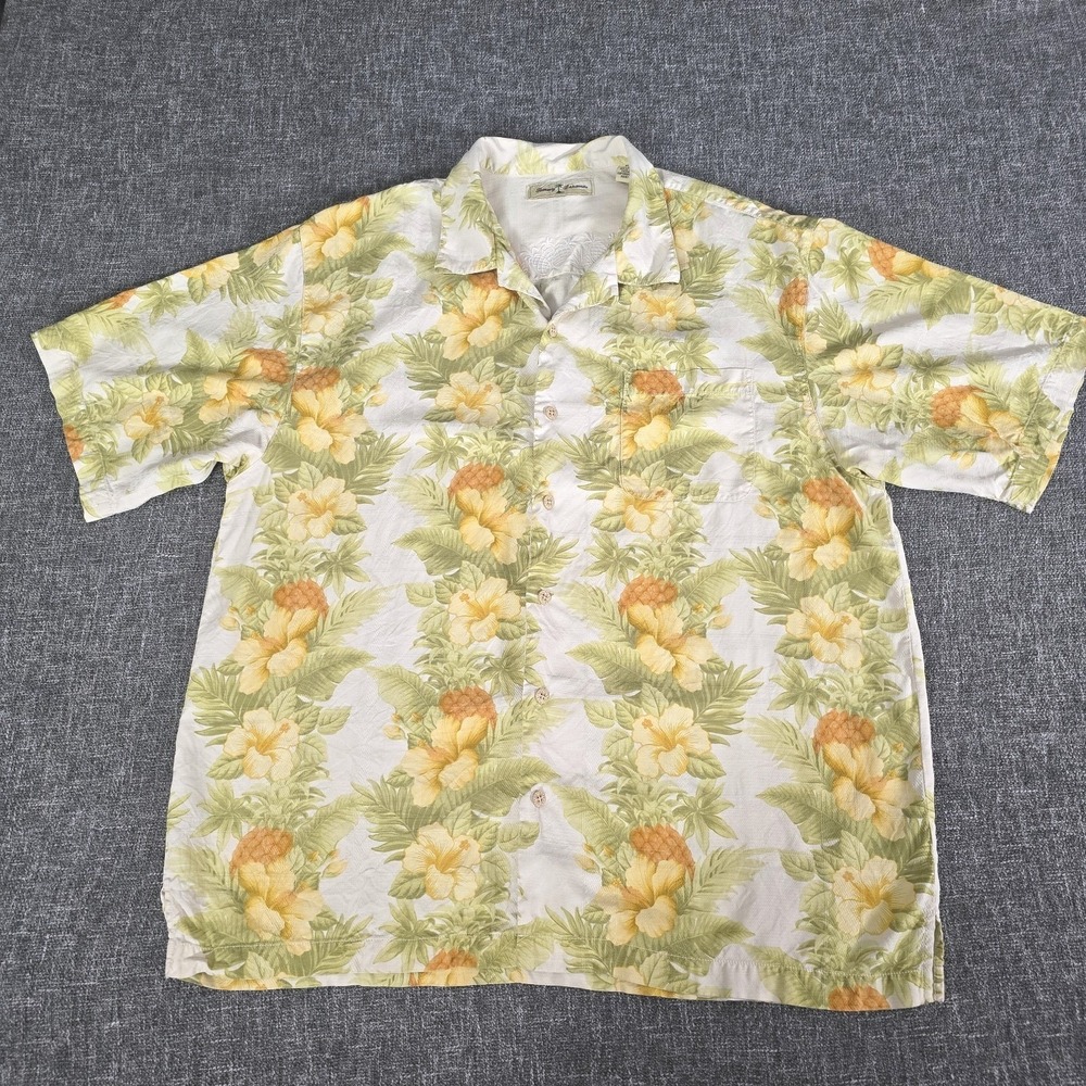 Tommy Bahama 100% Silk Floral Hawaiian Shirt Short Sleeve Button Up Mens Size XL